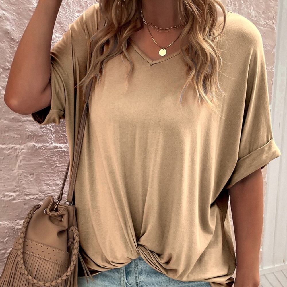 Cozy v neck Khaki Cuff Sleeve Oversized Casual Tee Top - Picture 1 of 11